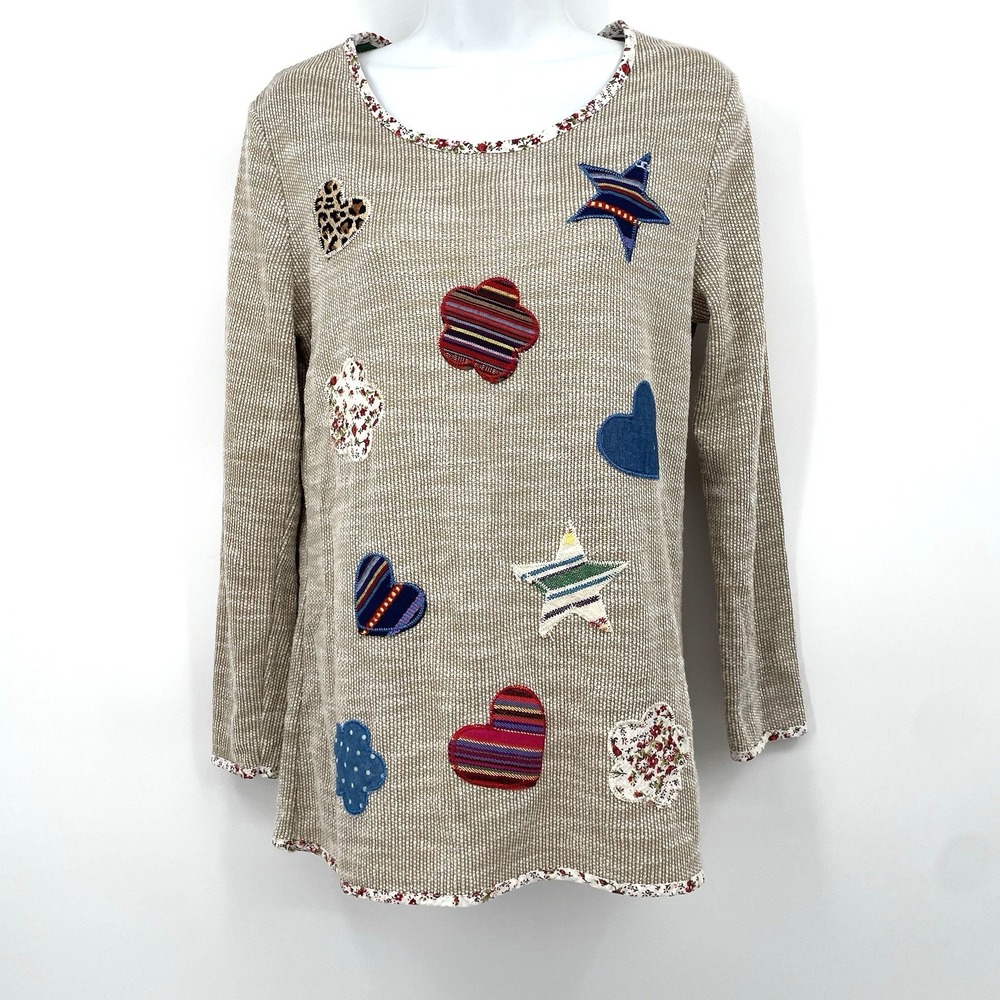 Liangdiodi Long sleeve Knit Top Shirt Retro Quilt Patch Work Size Large